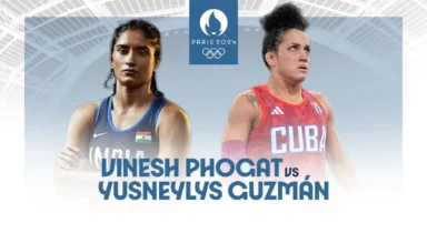 Who is Vinesh Phogats opponent in semifinals of womens 50 kg wrestling event at Paris Olympics?
