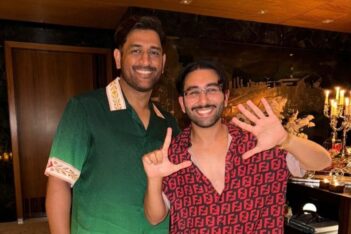MS Dhoni poses with Orry at Radhika Merchants birthday bash