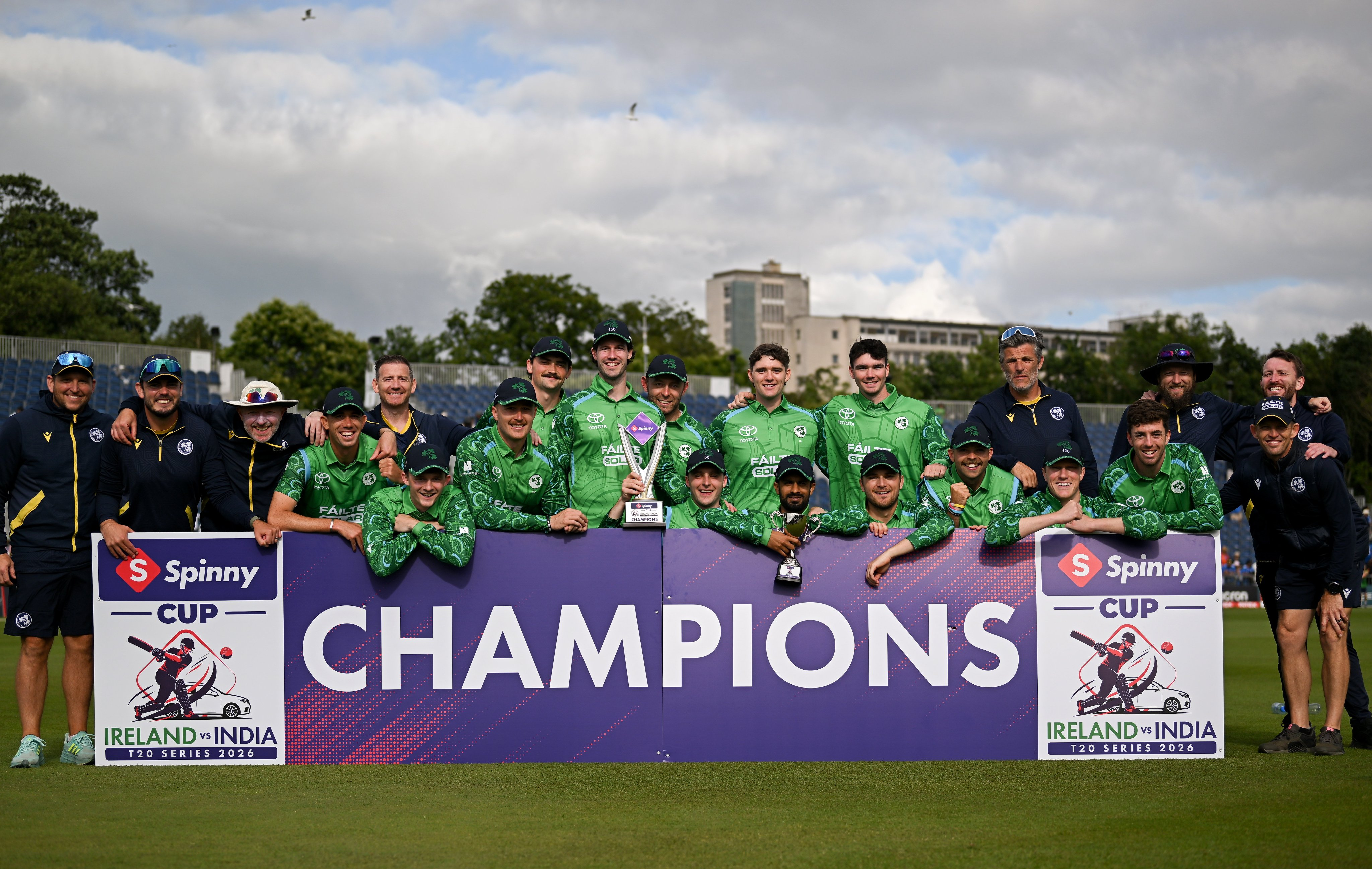 Ireland team posing with Spinny Cup trophy after beating India 2-0. 