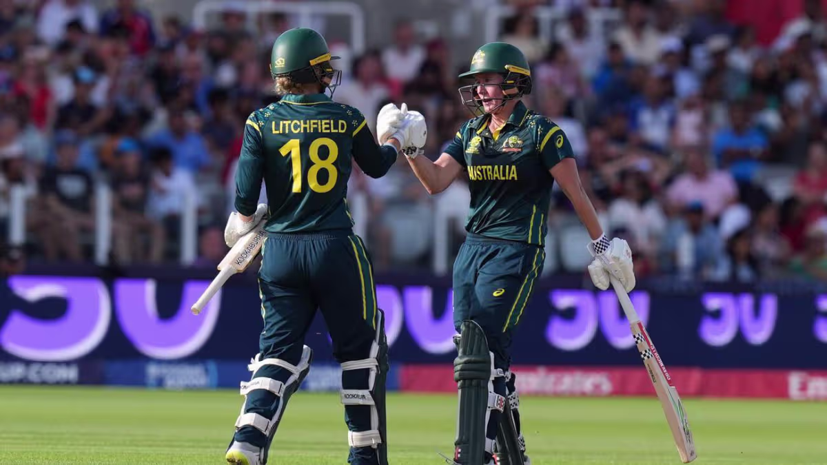 Australia’s Phoebe Litchfield and Beth Mooney during the ICC Women's T20 World Cup final at Lord's Cricket Ground, London
