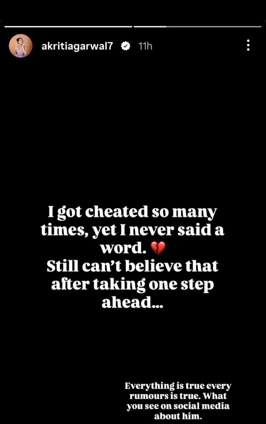 Prithvi Shaw's fiancee, Akriti Agarwal's Instagram Story which has been deleted.
